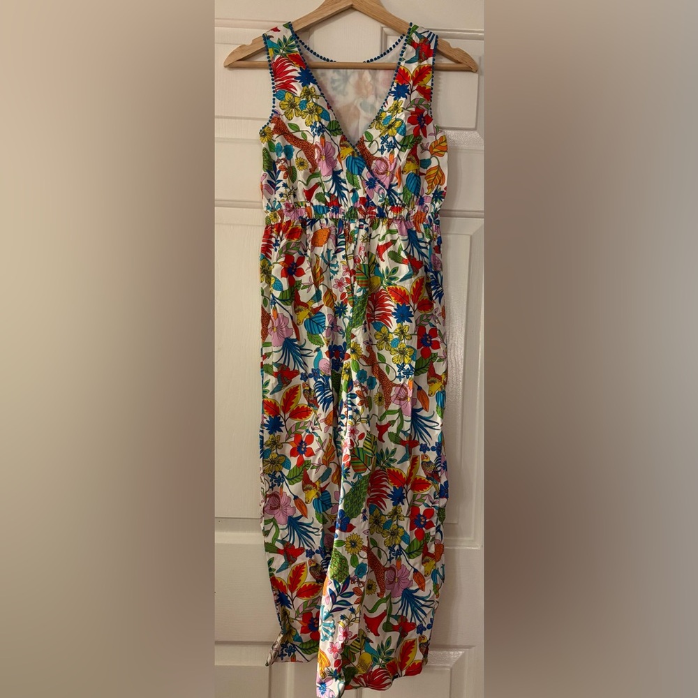 Mini Boden Cross-back Jumpsuit" in the "Mini Me Multi Jungle" print.